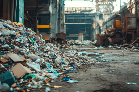 Conveyor belts sort waste in a spacious recycling plant, emphasizing the importance of waste management and environmental responsibility.の素材