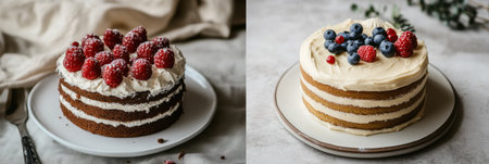 Two delightful layered cakes featuring creamy frosting and topped with fresh raspberries and blueberries, perfect for a celebratory occasion.の素材
