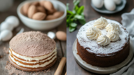 Two beautifully presented cakes sit on a wooden table, complemented by raw ingredients like eggs and nuts, creating a warm atmosphere.の素材
