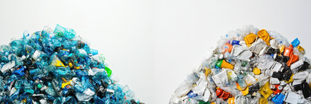 Left chaotic colorful plastic waste. Right neatly arranged recycled plastic. A striking contrast showing the benefits of recycling!の素材