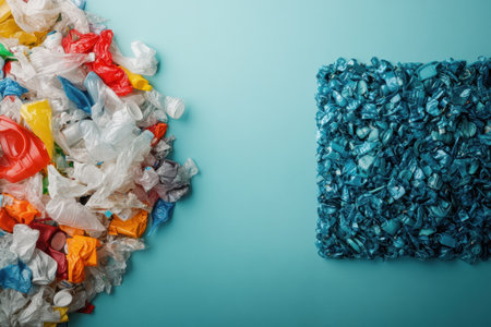 A striking contrast shows a chaotic pile of colorful plastic waste on one side and well organized recycled plastic products on the other.の素材