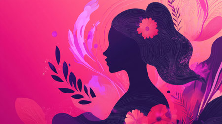 Creative campaign poster highlights a stylized woman symbol surrounded by vibrant colors and floral elements for International Womens Day.の素材