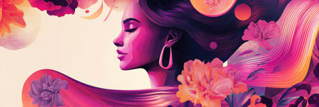 Vibrant campaign poster for International Womens Day features a stylish woman symbol and floral elements celebrating femininity.の素材