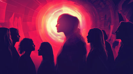 A vibrant Womens Day poster features a strong feminine symbol at its center, surrounded by silhouettes of diverse, united women.の素材