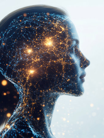 Complex neural connections and glowing synapses are illuminated within a human head profile, symbolizing advanced artificial intelligence.の素材