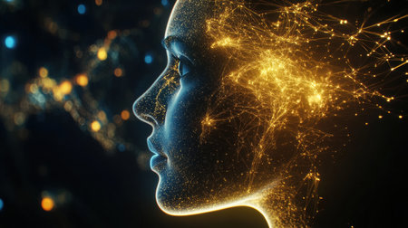 The side view of a human head reveals intricate neural connections and luminous synapses, symbolizing the intersection of humanity and technology.の素材
