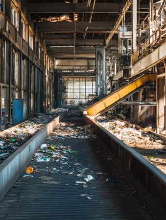 Conveyor belts transport sorted waste within an open recycling plant, highlighting the efforts in waste management and recycling.の素材