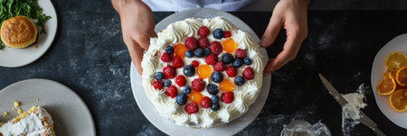 A baker showcases a stunning cake adorned with fresh berries and cream, amidst a warm kitchen filled with delightful treats.の素材