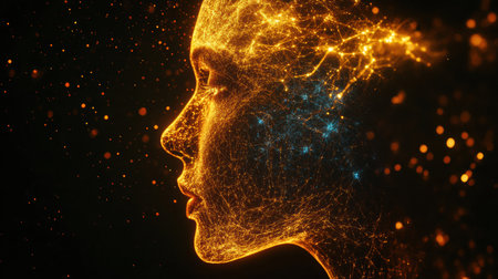 Profile view highlights a human head filled with vibrant neural connections, showing the intricate design of artificial intelligence.の素材