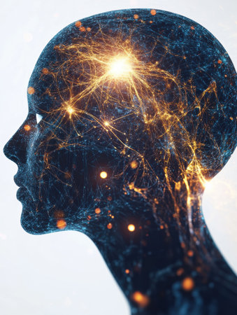 Neural connections light up a human head, symbolizing artificial intelligence and cybernetics with glowing synapses.の素材