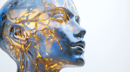 Detailed profile view of a human head displaying intricate neural connections and luminous synapses radiating the essence of artificial intelligence.の素材