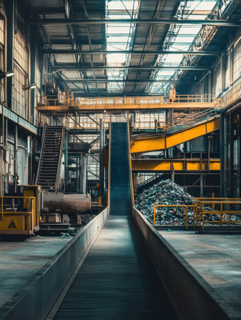 Conveyor belts transport sorted waste through a recycling plant in a spacious industrial area designed for efficient waste management.の素材