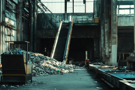 Conveyor belts transport sorted waste in a large recycling plant designed for industrial efficiency and environmental sustainability.の素材