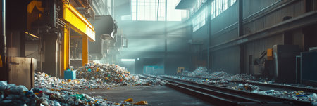 Conveyor belts transport sorted waste in a recycling facility, creating a vibrant industrial atmosphere filled with various materials.の素材