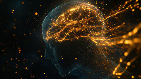 A digital profile of a human head with vibrant synapses highlights intricate neural connections, representing artificial intelligence.の素材