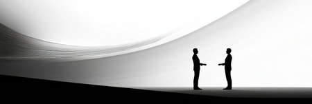 Two silhouetted figures are speaking in a striking abstract setting, highlighting the tension and importance of the conversation.の素材