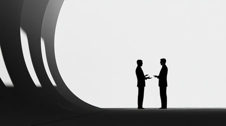 Two silhouetted business professionals engage in a negotiation indoors, showcasing collaboration and discussion in a minimalist environment.の素材