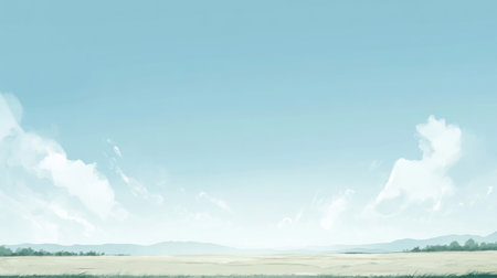 Soft blue sky filled with gentle clouds stretches over a serene landscape, suggesting a peaceful early morning atmosphere.の素材