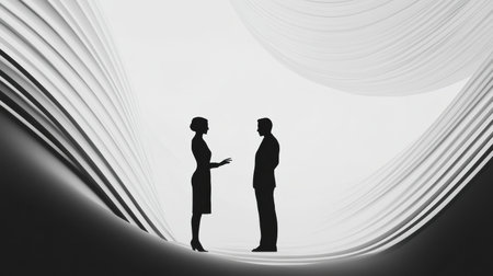 Two silhouetted individuals engage in a business negotiation amidst flowing fabric in a contemporary environment, suggesting a dynamic exchange.の素材