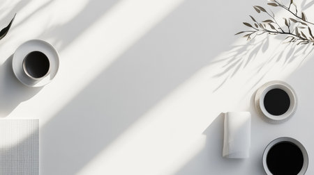 Multiple coffee cups and a napkin placed on a white table, with soft shadows cast by nearby foliage in bright natural light.の素材