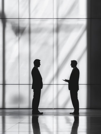 Two business professionals engage in a negotiation, showcasing their silhouettes against a bright, modern backdrop, during daylight hours.の素材