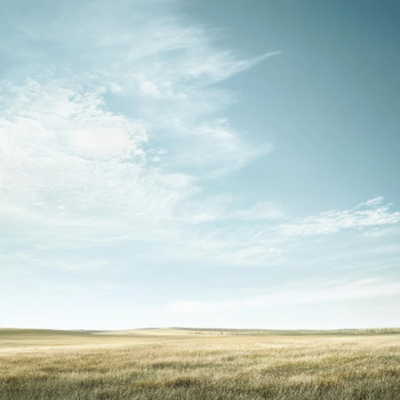 A wide expanse of grassland stretches under a clear blue sky, dotted with soft clouds, showing serene natural beauty in midday light.の素材