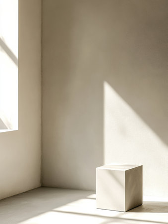 A cube stands alone in a softly lit minimalist room, illuminated by warm natural light that casts gentle shadows.の素材