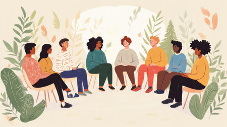 A diverse group is seated comfortably in a circle, fostering teamwork and connection through coaching and collaboration.の素材