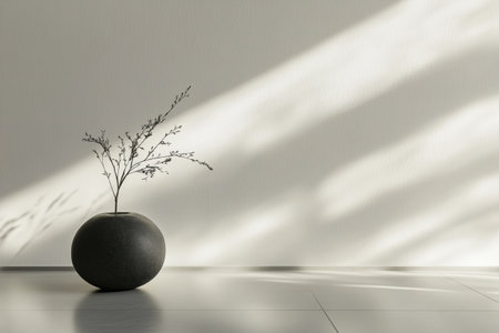 A round black vase holds delicate dry branches, casting gentle shadows on a light colored wall in a modern, uncluttered room.の素材