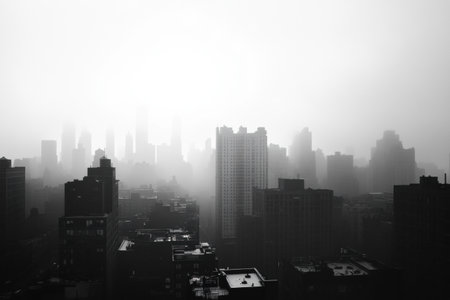 Cityscape enveloped in thick gray smog highlights building silhouettes, creating a hauntingly beautiful landscape with muted colors.の素材