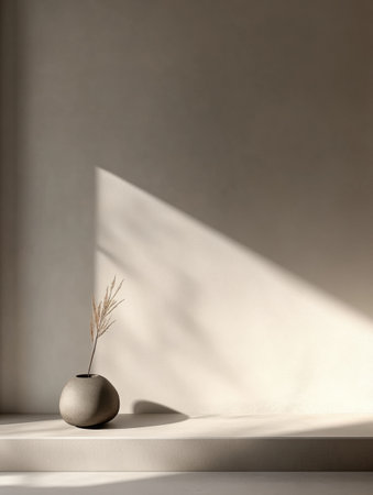 A round, neutral colored vase holds delicate dried grass, illuminated by soft sunlight, creating serene shadows on a textured wall.の素材