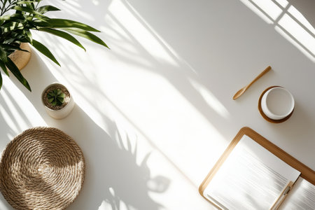 Soft shadows cast by plants enhance a peaceful workspace featuring a notebook and decorative items in warm light.の素材