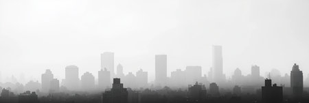 Overcast cityscape features silhouettes of tall buildings immersed in heavy gray smog, creating a somber atmosphere at twilight.の素材