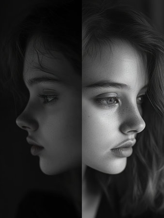 A before and after shows a shift from a sad grayscale expression to a vibrant, happy one, emphasizing emotional growth.の素材