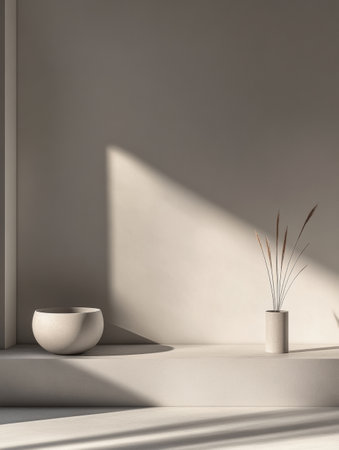 Soft sunlight filters through a window, illuminating a minimalist decor featuring a bowl and a slender vase on a simple ledge.の素材