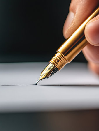 A hand grips a shiny golden pen, ready to create elegant lines on a blank piece of paper in a dimly lit setting.の素材