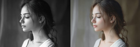 A young woman displays a transformation from a sad grayscale expression to a calm serene look, highlighting emotional change through color.の素材