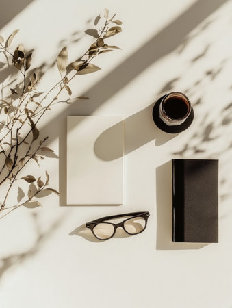 A cozy workspace displays a pair of glasses, a black notebook, blank paper, and a coffee cup, all enhanced by soft shadows and natural light.の素材