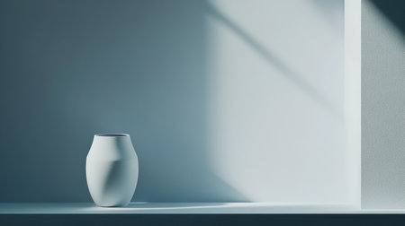Soft shadows and natural light highlight a minimalist white vase placed on a simple shelf, creating a calm and tranquil setting.の素材