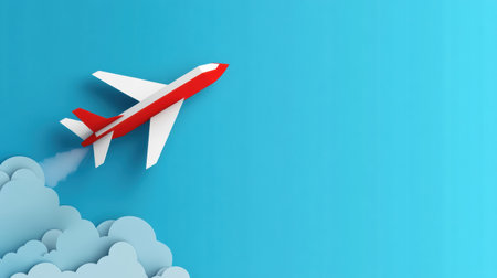 A bold red and white airplane confidently soars through a vibrant blue sky, symbolizing leadership and ambition in a creative paper craft style.の素材