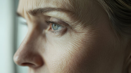 Side view reveals a womans aging features with visible lines on one side and a smooth, youthful appearance on the other for comparison.の素材