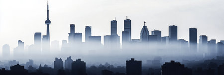 Buildings fade into thick gray smog as cityscape merges with hazy sky, creating a dramatic and atmospheric urban skyline view.の素材