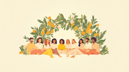 A diverse group sits together in a cozy circle surrounded by greenery, fostering connection and team bonding during a coaching program.の素材