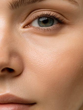 The artwork shows a womans face, with wrinkles on the left and a smooth right side, highlighting a medical perspective.の素材