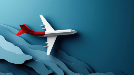 An airplane glides smoothly through a minimalist blue background, surrounded by undulating waves, capturing a sense of tranquility.の素材