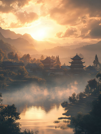 Golden sunset casts a warm glow over a serene lake, reflecting traditional architecture and misty mountains in the distance.の素材
