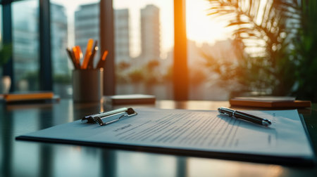 A document lies on a conference table with pens beside it while sunlight filters through a cityscape, suggesting the end of a workday.の素材