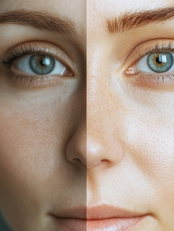 Close up of a womans face highlighting the effects of aging with one side drawn to illustrate wrinkles and the other smooth and radiant.の素材
