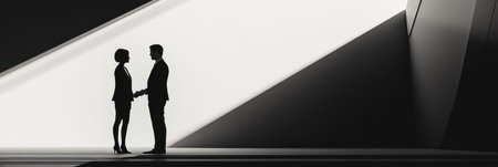 Two professionals engage in a negotiation while standing against a stark, modern backdrop characterized by strong light and shadow.の素材