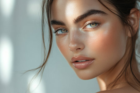 A woman with radiant and flawless skin gazes confidently, highlighting her striking features in soft natural light.の素材